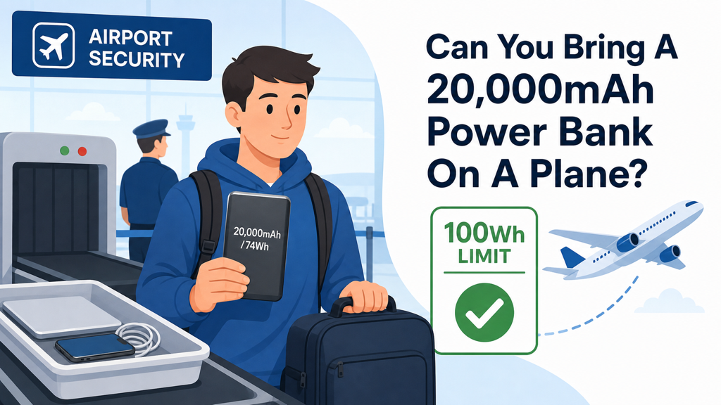 Illustration of a traveler checking a 20,000mAh power bank against airline carry-on rules