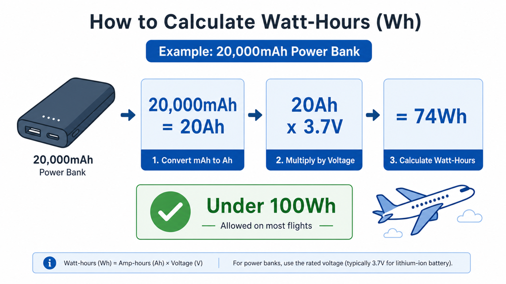 Simple watt-hour calculation showing 20,000mAh, 3.7V, and 74Wh under the 100Wh limit