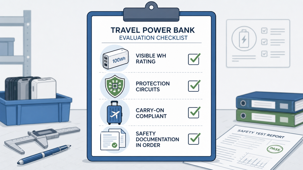 Educational checklist showing travel power bank label, protection circuit, carry-on bag, and safety document icons