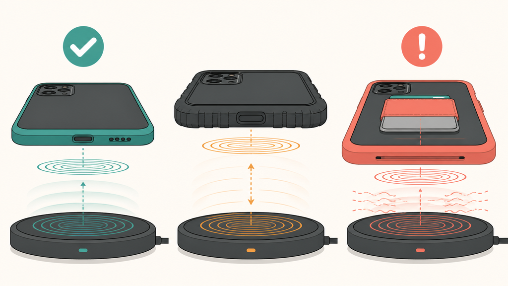 Phone case thickness and wireless charging coil alignment