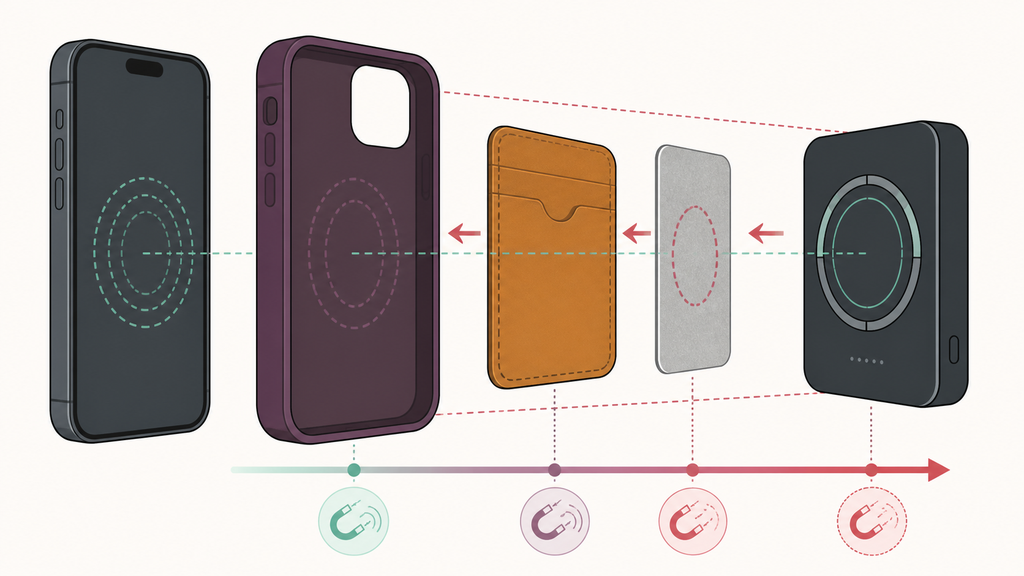 Phone case blocking magnetic power bank attachment