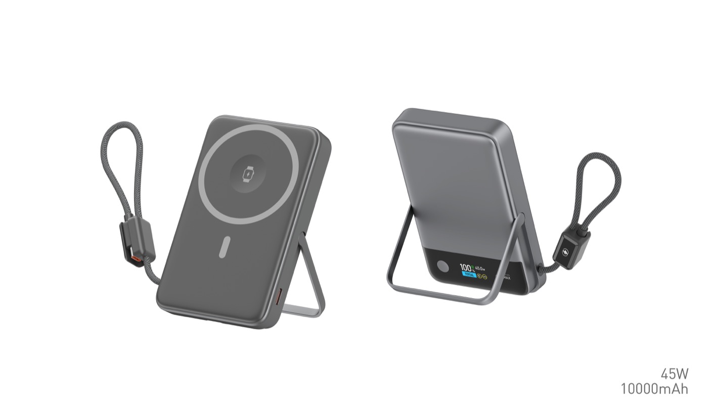 T214 45W private-label power bank in graphite, front and rear views